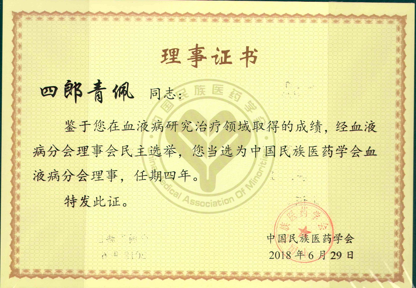 理事证书：中国民族医药学会血液病分会