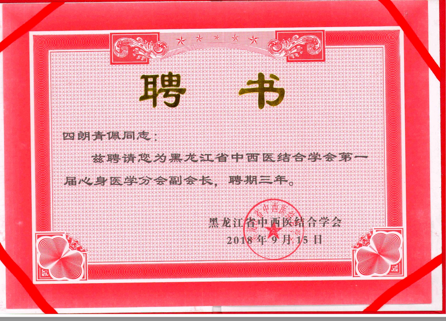 聘书：黑龙江省中西医结合学会心身医学分会副会长